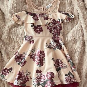 Beautees Blush Dress with Burgundy Floral Print and Lace Yoke